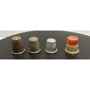 4 Antique & Vintage Thimbles Metal Plastic Pennant Oil Pacific Fabrics - GUC